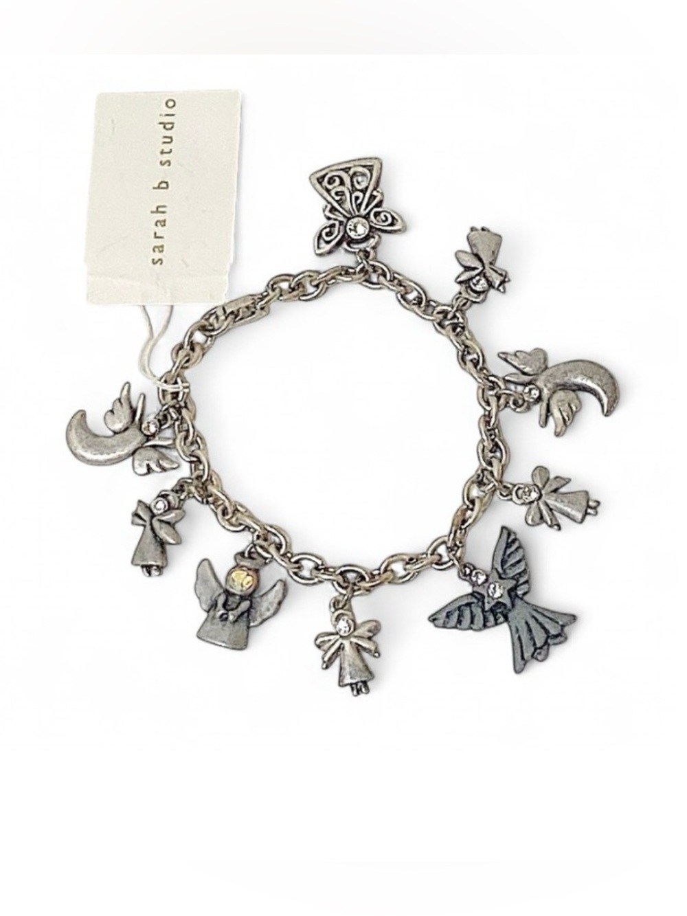 Sarah B Studio Guardian Angel Charm Bracelet Gunmetal Rhinestone 7.25”